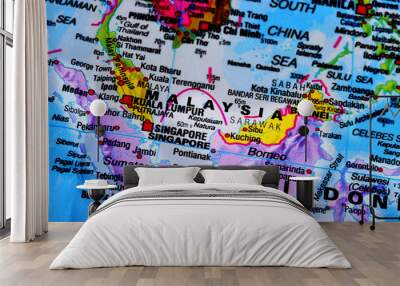 Malaysia map. Malaysia on the World Map with Malaysian region and cities. Themes: Tourism, Travel, Tours Wall mural