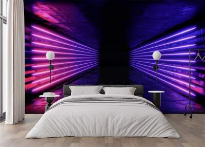 3d render. Geometric figure in neon light against a dark tunnel. Laser glow. Wall mural