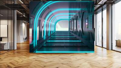 3d rendering. The fantastic corridor of the space station or the futuristic interior of the space ship in light blue neon lighting. Graphic illustration. Wall mural