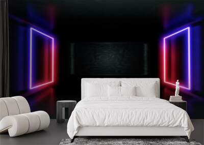 3d Visualization. Geometric figure in neon light against a dark tunnel. Laser glow. Wall mural