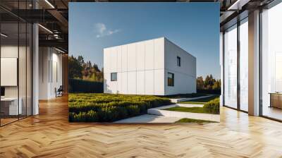 Cube house with a white exterior and geometric landscaping Wall mural