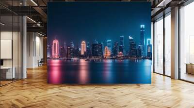 Cityscape on dark blue background with bright glowing neon.  Wall mural