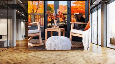 cozy outdoor seating area on a wooden deck, featuring two modern-style rocking chairs with light beige cushions and burnt orange throw pillows. Wall mural