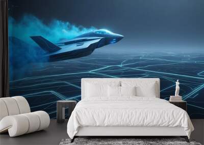 Futuristic flight through a digital line landscape, Blue dust particle ,abstract background Wall mural