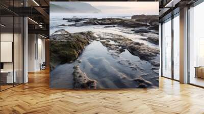 rocks mud sea waves cloudy sky  vacation enjoy natural wonders. Wall mural