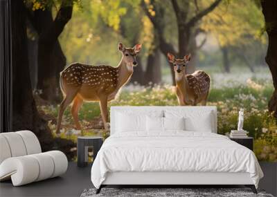 Two Spotted Deer in a Sunlit Forest Meadow Wall mural