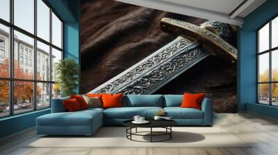 Detailed close-up of an ornate sword with intricate engravings, showcasing exceptional craftsmanship and historical elegance. Wall mural