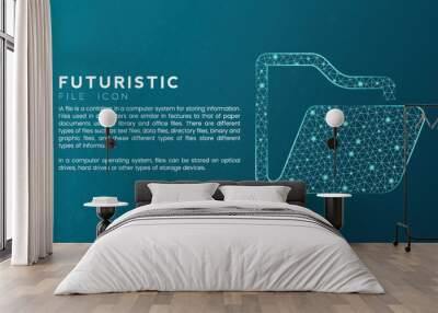 Blue futuristic folder icon concept with polygon node connected dots and neon effect Wall mural