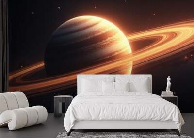 Astronomical view of planet in outer space with rings system and surrounding stars. World Space Week concept. Bronze coloring. Space exploration and travel. Design for banner, backdrop, background.  Wall mural