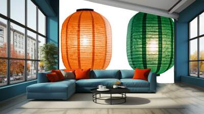 Set of air lanterns isolated on transparent background. Blue, orange, green paper lanterns. Collection of traditional Asian decor. Japanese lantern festival. Obon, Buddhist holiday in Japan concept.  Wall mural