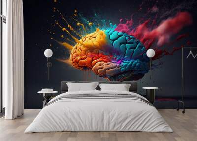 Brain bursting out in colorful particles of creativity, Abstract brain concept on a nebula dust in infinite space background. Generative ai Wall mural