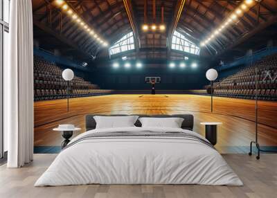 Charming background with an empty basketball arena, featuring polished hardwood floors, empty bleachers, and a spacious, reflective ambiance Wall mural