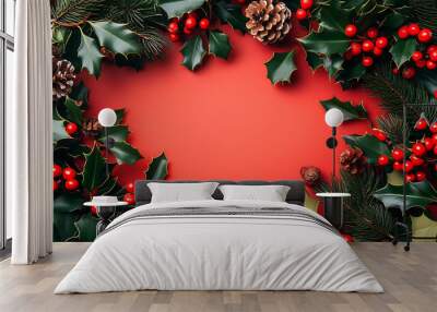 Classic Christmas background with traditional red and green colours, holly, and mistletoe Wall mural