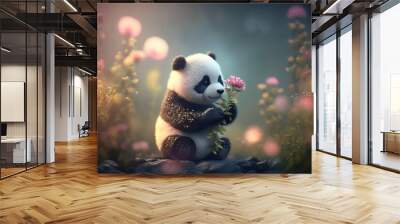 cute baby panda holding flower with bluer background. generative ai Wall mural