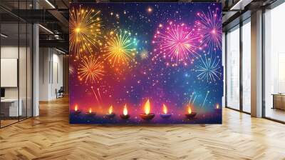 Diwali background with colourful fireworks bursting over a night sky Wall mural