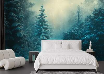 Enchanting Christmas background with a snow-covered forest scene and subtle golden glow Wall mural