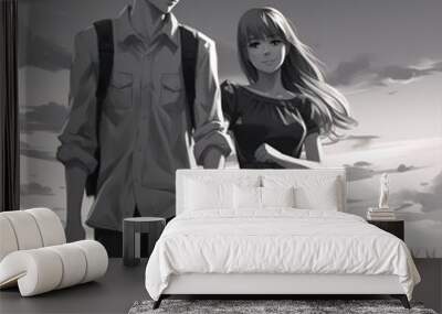 Manga Anime Couple Walking - Black and White. Wall mural