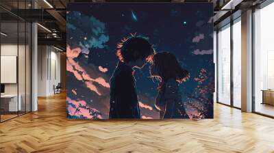 Starry Kiss: Romantic Anime Couple under the Open Sky. Generative AI Wall mural