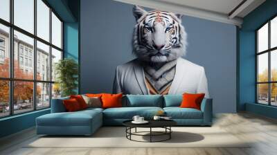 The white tiger in a business suit: fierce and focused, creative stock image of animals in business suit. Generative AI Wall mural