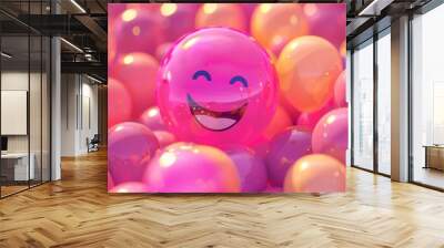 A pink and yellow ball with a smiling face is surrounded by other pink Wall mural