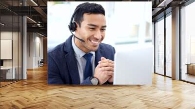 Call center, insurance agent and business man consulting on video call doing telemarketing with a smile in an office. Computer, contact us and customer service employee talking, support or helping Wall mural