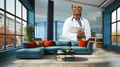 Portrait, doctor and black woman with a tablet, smile and connection with innovation, network and happiness. Face, female person and medical professional with technology, healthcare and happiness Wall mural