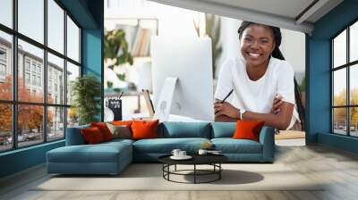 Portrait of black woman in office with computer, happiness and online research for small business administration. Happy African businesswoman at desk with smile planning schedule, proposal or report. Wall mural