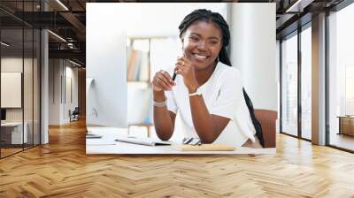 Young black woman at desk with computer, smile and pen, online research for small business administration. Happy face of African businesswoman in office planning schedule, proposal or startup report. Wall mural