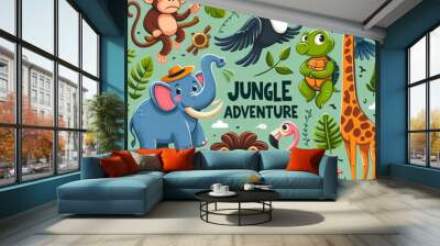 This image is another colorful, cartoon-style illustration with a jungle theme, similar to the previous one. It features a variety of animals, including a playful monkey wearing a hat, a toucan, an el Wall mural