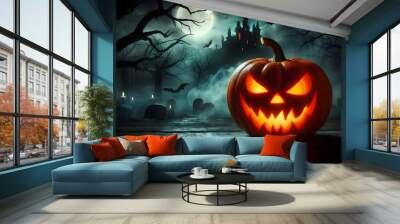 dark night two Jack O Lantern halloween pumpkin moon bat burning candles building tree around burial scary background theme texture mystical vibe on wooden planks sharp teeth smokes space Wall mural