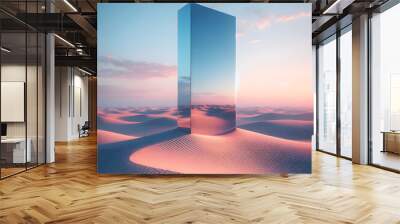 mirror monolith standing in the desert, rectangle shape mirror desert, light blue and pink sky, 3d renderd surreal, digital art, photorealistic ai genarated image Wall mural