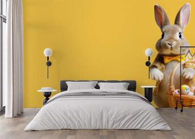 a fluffy easter bunny with a basket filled with easter eggs, yellow background with copy space Wall mural