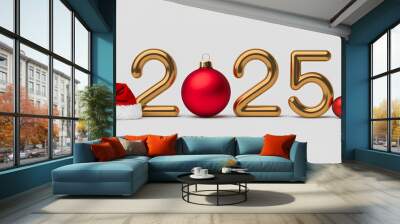 Celebrating the Holiday Season, Xmas and the New Year 2025, the text 2025 is written in golden font on a white background Wall mural