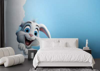 Easter bunny poster peeking out of a hole in the wall with copy space, rabbit jumps out of a torn hole  Wall mural