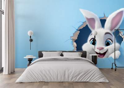 Easter bunny poster peeking out of a hole in the wall with copy space, rabbit jumps out of a torn hole  Wall mural