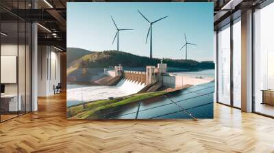 Generating electricity from renewable power sources. A concept of solar panels, dams, and wind turbines combined to generate eco-friendly power Wall mural