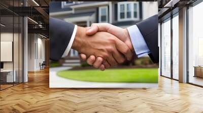 Real estate business deal, shaking hands after successful transfer and acquisition of residential property Wall mural