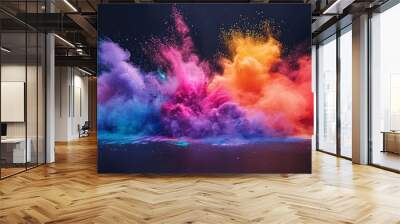 Festival of Color Powder Explosion, colorful rainbow holi powder exploding, isolated on solid colour wide angle background. Wall mural