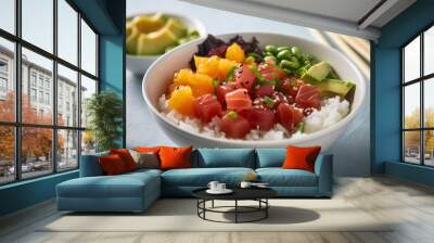 A colorful bowl of poke featuring cubed raw fish. (Generative AI) Wall mural