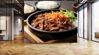 A sizzling hot plate of bulgogi, thinly sliced strips of marinated beef grilled. (Generative AI) Wall mural