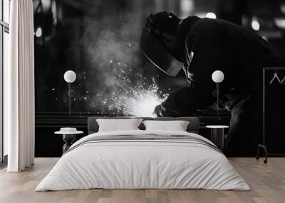 a worker welding iron in black and white Wall mural