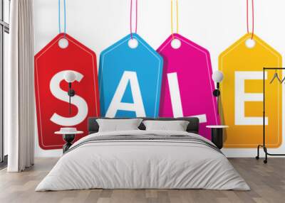 Colourful hanging sales tags with shadow isolated on transparent background. Wall mural