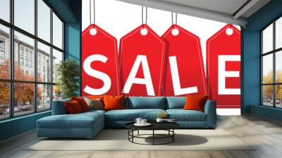 Red hanging sales tags with shadow isolated on transparent background. Wall mural