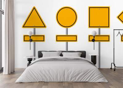 Set of blank yellow road sign. Empty traffic signs isolated on transparent background. Highway attention roadsign collection. Wall mural