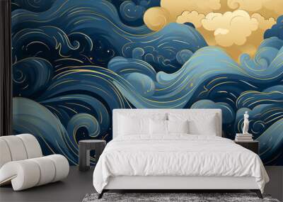 Abstract sea background with clouds, sea landscape, night, stars in the sky, greek mythology style, japanese woodblock art Design, Generative AI Wall mural