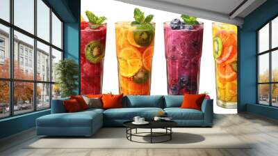 A selection of fresh, delicious smoothies in classic styles, isolated on a png transparent background. Wall mural