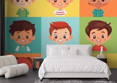 Happy kids character in flat design style isolated on colorful background. Diversity children portrait avatar cartoon  illustration, Generative AI Wall mural