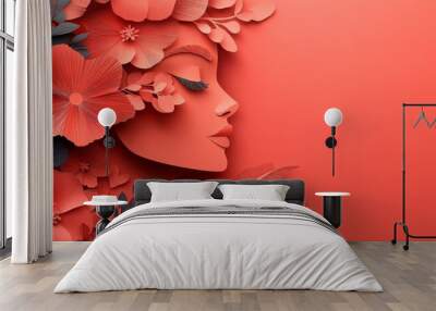 Illustration of face and flowers style paper cut with copy space for international women's day, Generative AI Wall mural