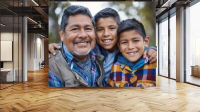 Portrait of Hispanic family with two boys outdoors, Generative AI Wall mural