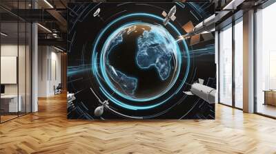 A black and blue tech futuristic background featuring an abstract vector globe Wall mural